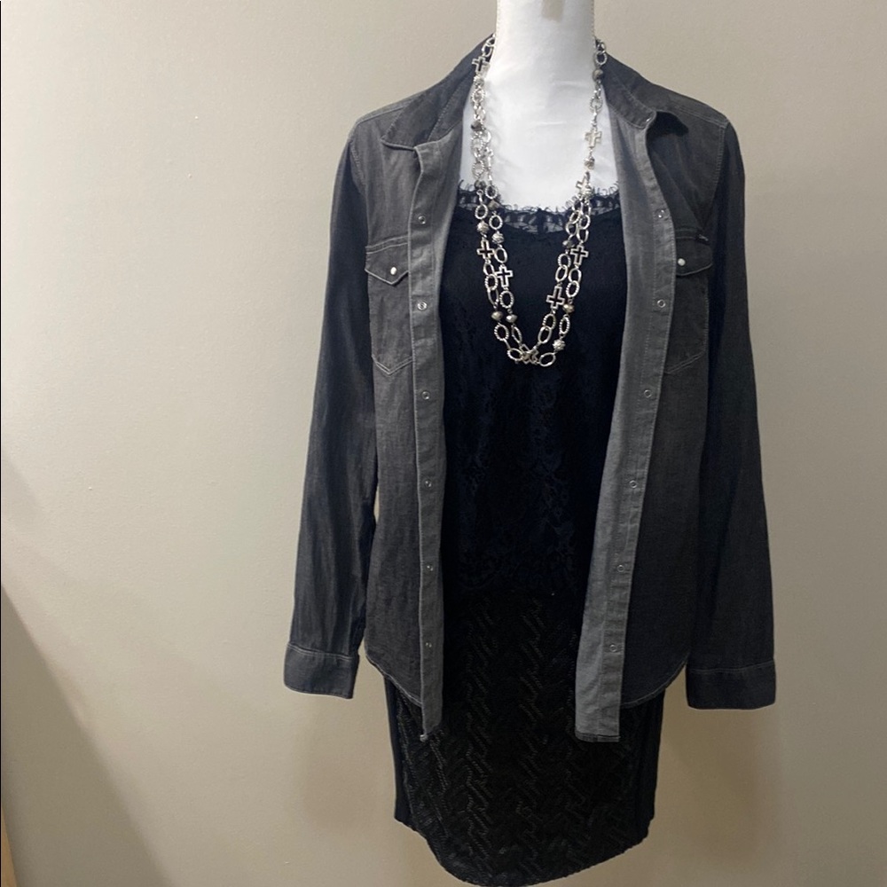SET:Calvin Klein Denim Shirt Jacket with tank and Cato Textured Skirt